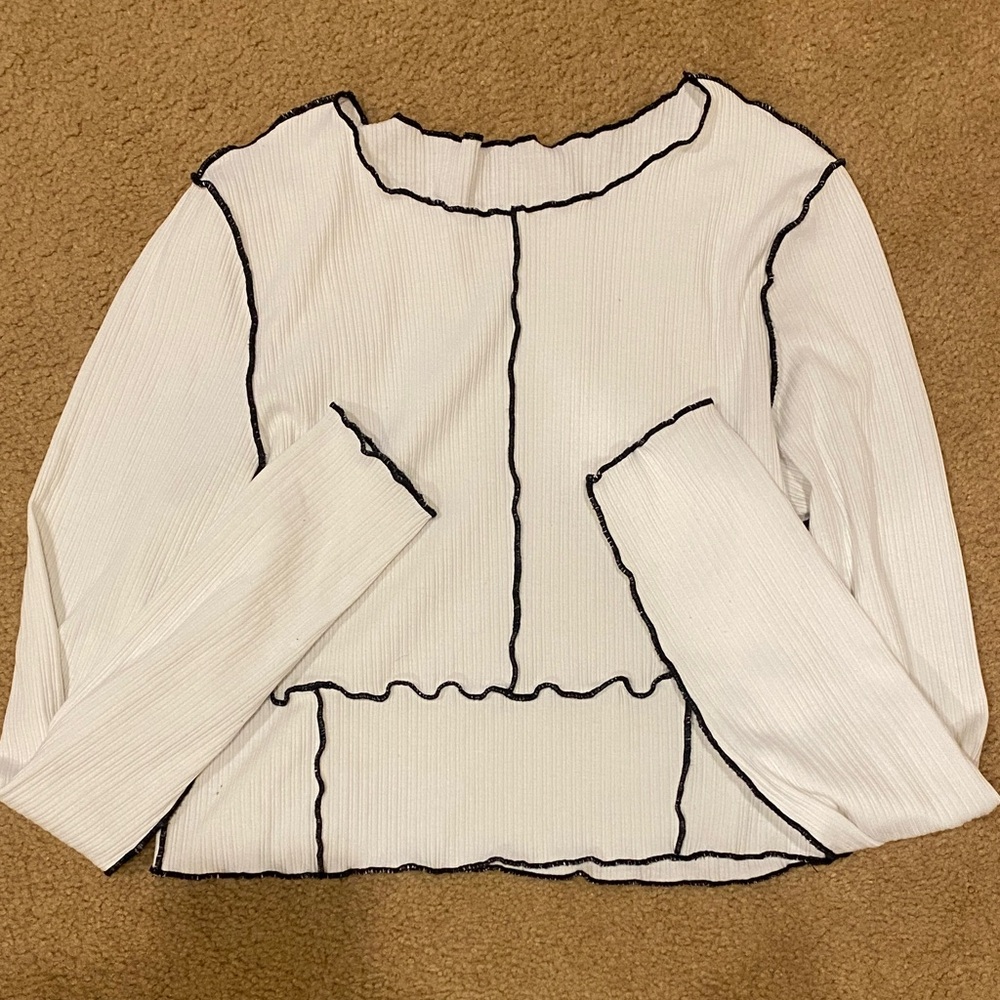 White Long Sleeve Top with Black Trim